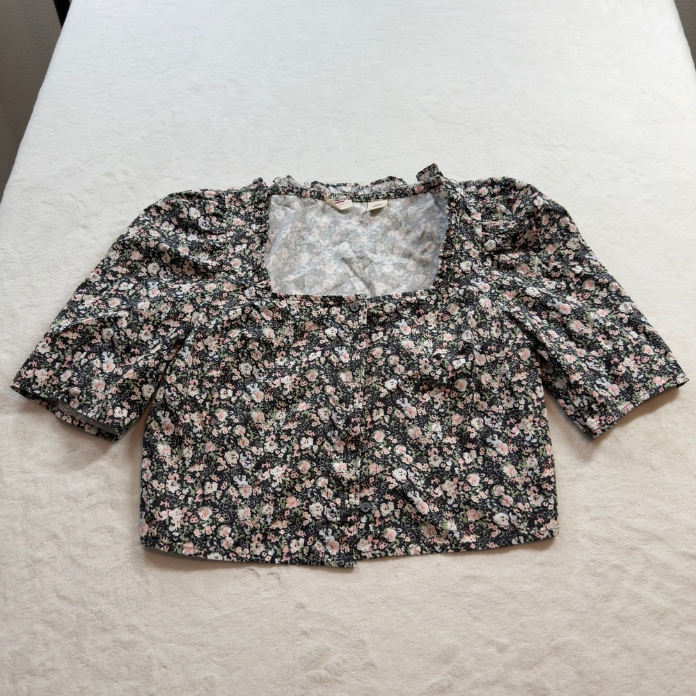 Levis Floral Blouse Womens Small Black Good Puff Sleeve Ruffle Crop Top